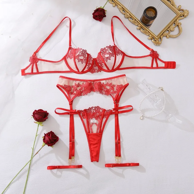 Tornova Erotic Lingerie Pure Desire's See-through Floral Embroidered Steel Ring Push-up Body Shaping Three-point Underwear Set - Image 5