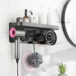 Space Aluminum Hair Dryer Holder Black/Silver Straight Air Duct Hanging Rack Bathroom Shelf Storage Organizing Rack