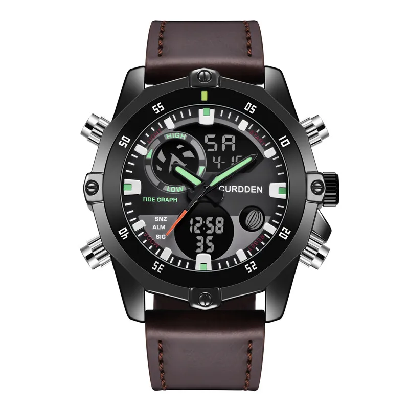 Orologi originali di grande marca CURDDEN per uomo cinturino in pelle moda cronografo Dual Time orologio digitale sportivo militare Reloj Hombre