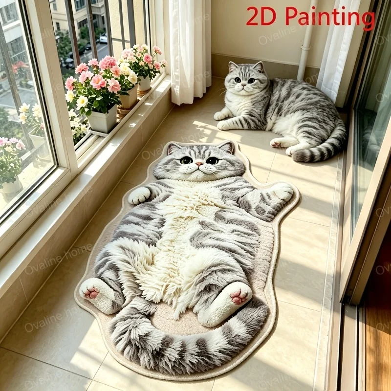 VIKAMA Chubby Lying Tabby Cat Shaped Long Rug 2D Furry Effect Print Non Slip Soft Bedroom Bedside Absorbent Floor Carpet Home
