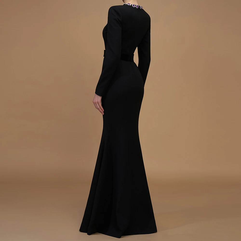 Personalizado a linha vestidos de noite até o chão o pescoço manga cheia vestido de baile moda cristal simples drapeado vestido de festa casual