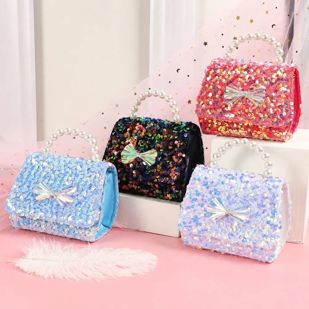 Stylish Sequin Princess Crossbody Bag Bowknot Glitter Girls Purse Detachable Strap Pearl Handle Handbag