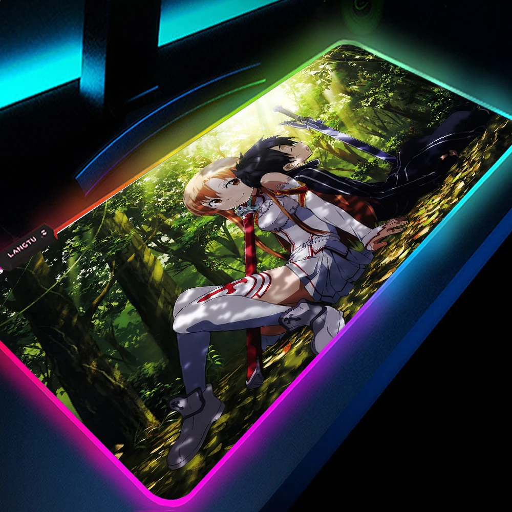 Asuna Yuuki RGB แผ่นรองเมาส์ XXL backlit MAT สำหรับโต๊ะคอมพิวเตอร์ Kirito mauspad วางช้อปปิ้งอะนิเมะปกโต๊ะอุปกรณ์เล่นเกม