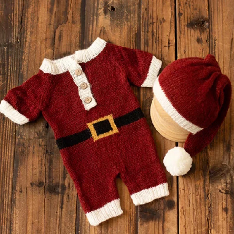 2 PCS New Baby Christmas Costume Crochet Romper Hat Set Baby Jumpsuit Bodysuit Newborn Photography Props Santa Clothing