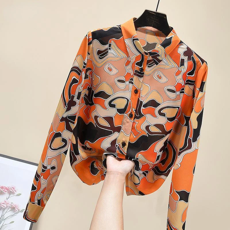 Spring Summer New Fashion Patchwork Orange Stain Shirt Long Sleeve Turn Down Collar Blouse Korean Style Casual Shirt for Female