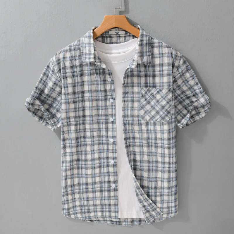 

2026 Summer New 100% Cotton Vintage Plaid Short Sleeve Shirt for Men Slim Casual Turn-down Collar Classic Shirt