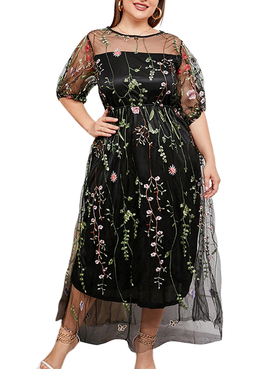 Dames kanten maxi-jurk off-shoulder bloemen geborduurd korte mouw V-hals plus size avondfeest elegante jurk