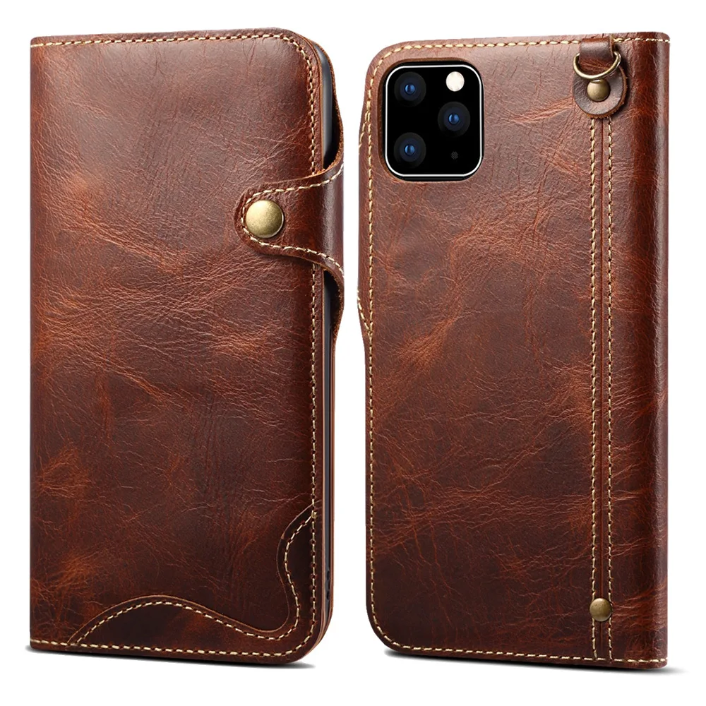 

Genuine Leather Magnetic Buckle Flip Cover for iPhone 16 15 14 Plus 13 12 11 Pro Max with Soft Protective Case and Wrist Rope