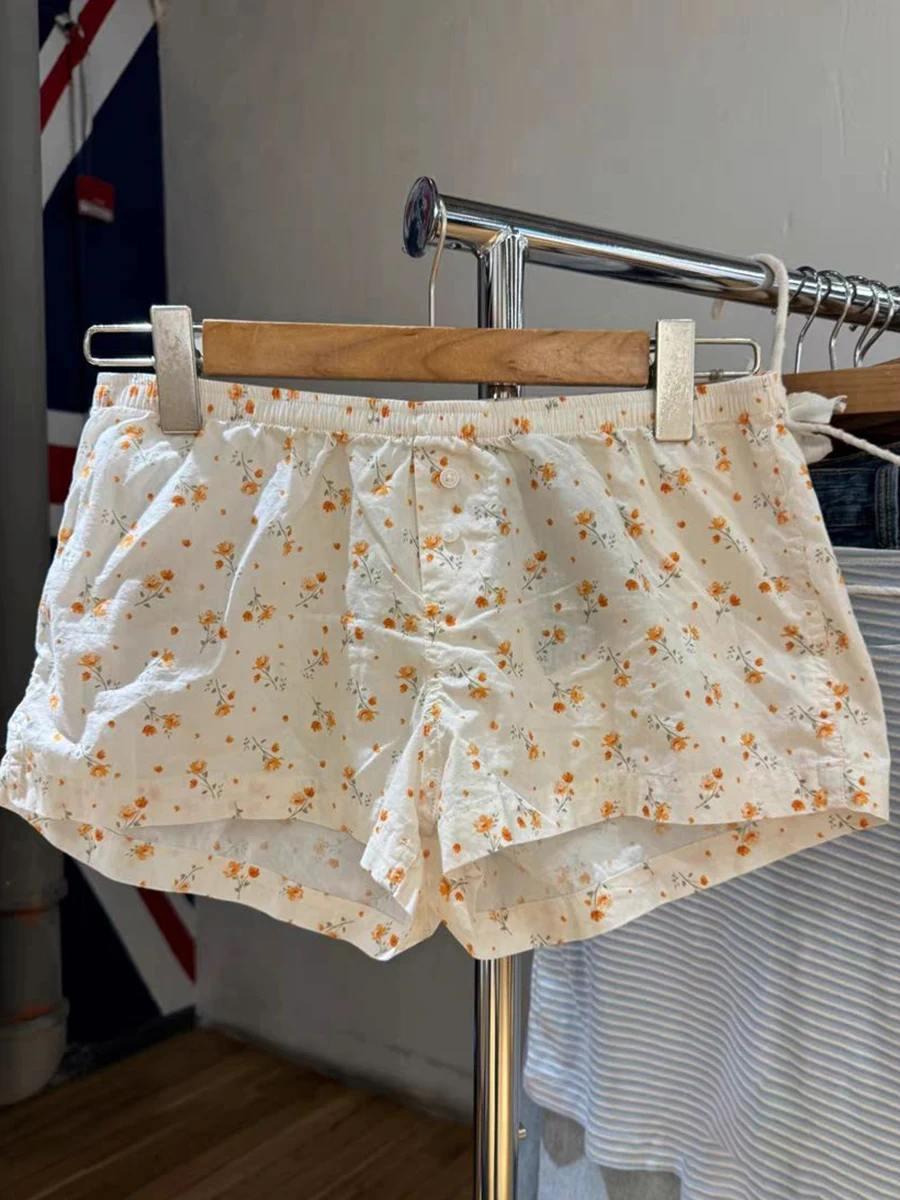 

Cotton New Orange Floral Sweet Shorts Women Buttons Elastic Waist Straight Y2k Sweetshorts Summer Casual Vintage Home Underwear