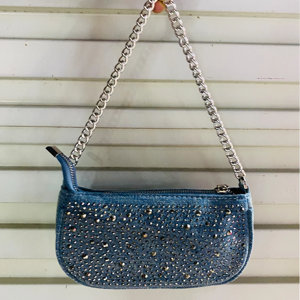 Denim Rhinestones Chain Underarm Bags For Women Luxury Designer Handbag and Purses 2023 New In Fashion Shoulder Crossbody Bags