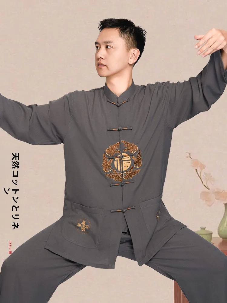 小河山太極拳服-メンズ新作2025年-綿麻太極拳八式錦練習服-夏用風唐服