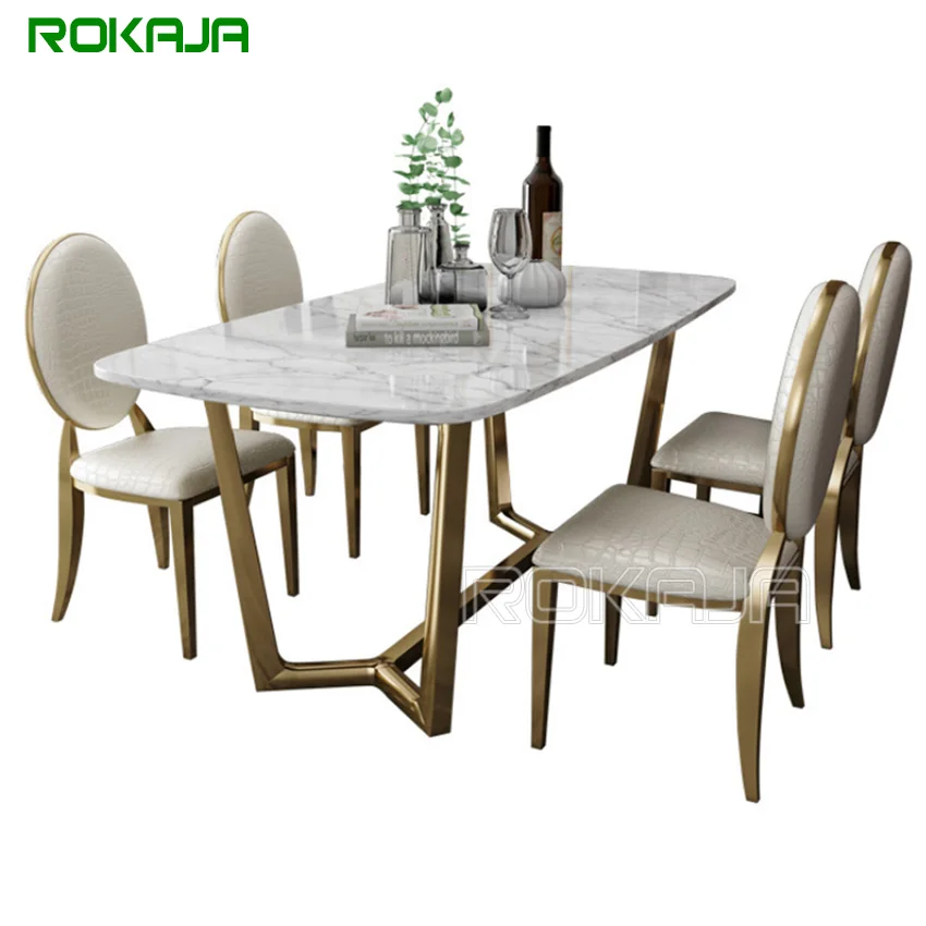 Simple Luxury Golden Stainless Steel Marble Top Dining Table Modern Creative Dinning Table For 6 Seater People