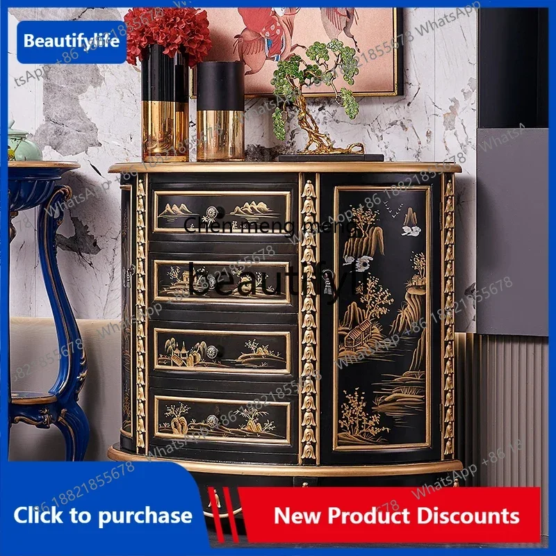 

zqqNew Chinese classical European painting and carving black gold-painted semi-circular curved entrance table cabinet