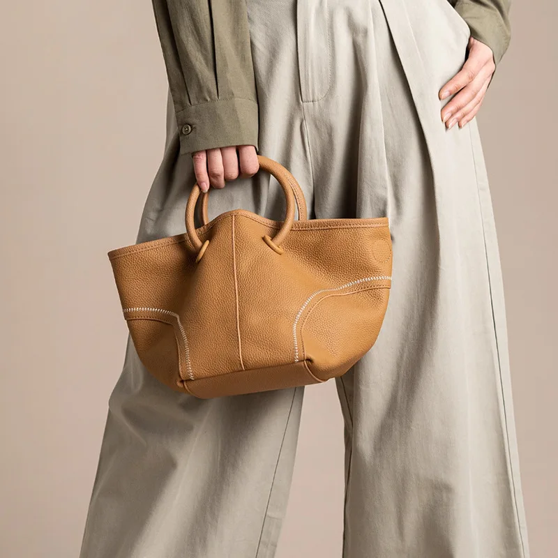 

Summer New Niche Commuter Cowhide Single Shoulder Crossbody Portable Vegetable Basket Bucket Bag Soft Leather