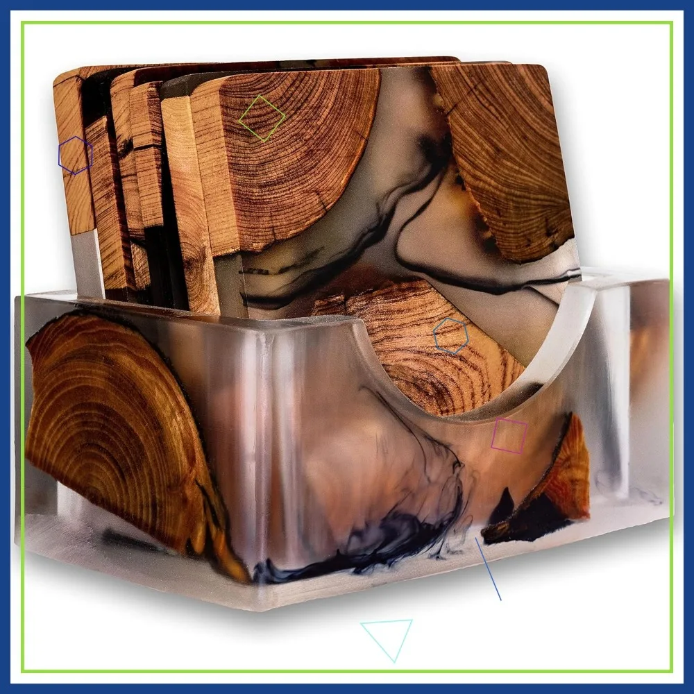 

Epoxy Resin Wood Coasters Set with Holder, Natural Cedar Aroma, 4 Pack for Hot & Cold Drinks