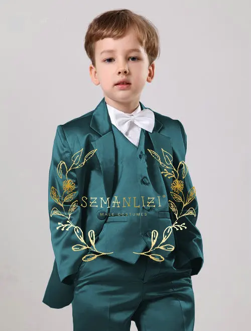 Oil Green Boys Suit Three Piece Wedding Tuxedo Child Formal Jacket Set Dinner Blazer Pants Vest Kids Whole Outfit Customization