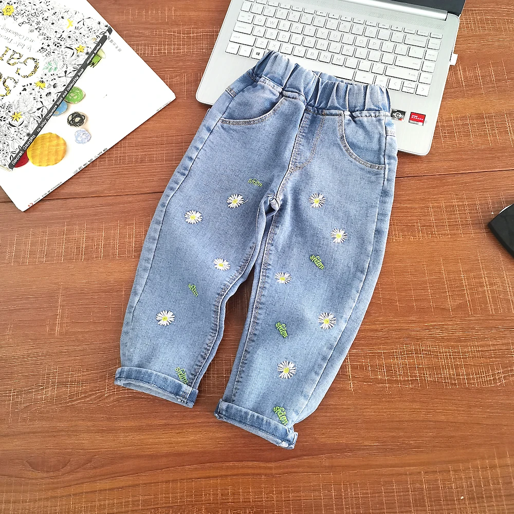 IENENS 2026 Girls Straight Jeans Children Denim Pants Chrysanthemum Embroidery Trousers For 1-6 Years