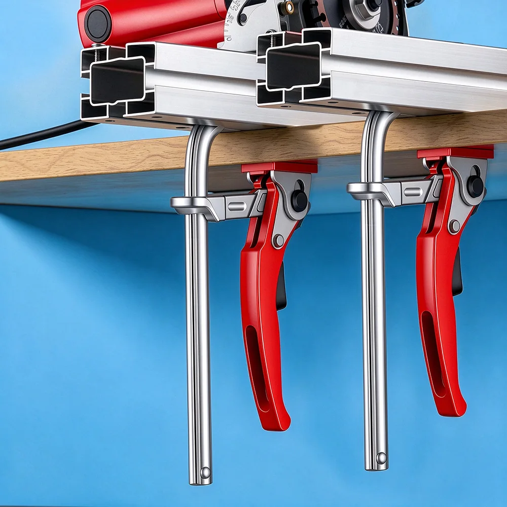 Quick Release Ratchet Track F Clamp Heavy Duty Guide Rail Carpenter Woodworking Fixed Clamp with Anti-Slip Pad for MFT Table