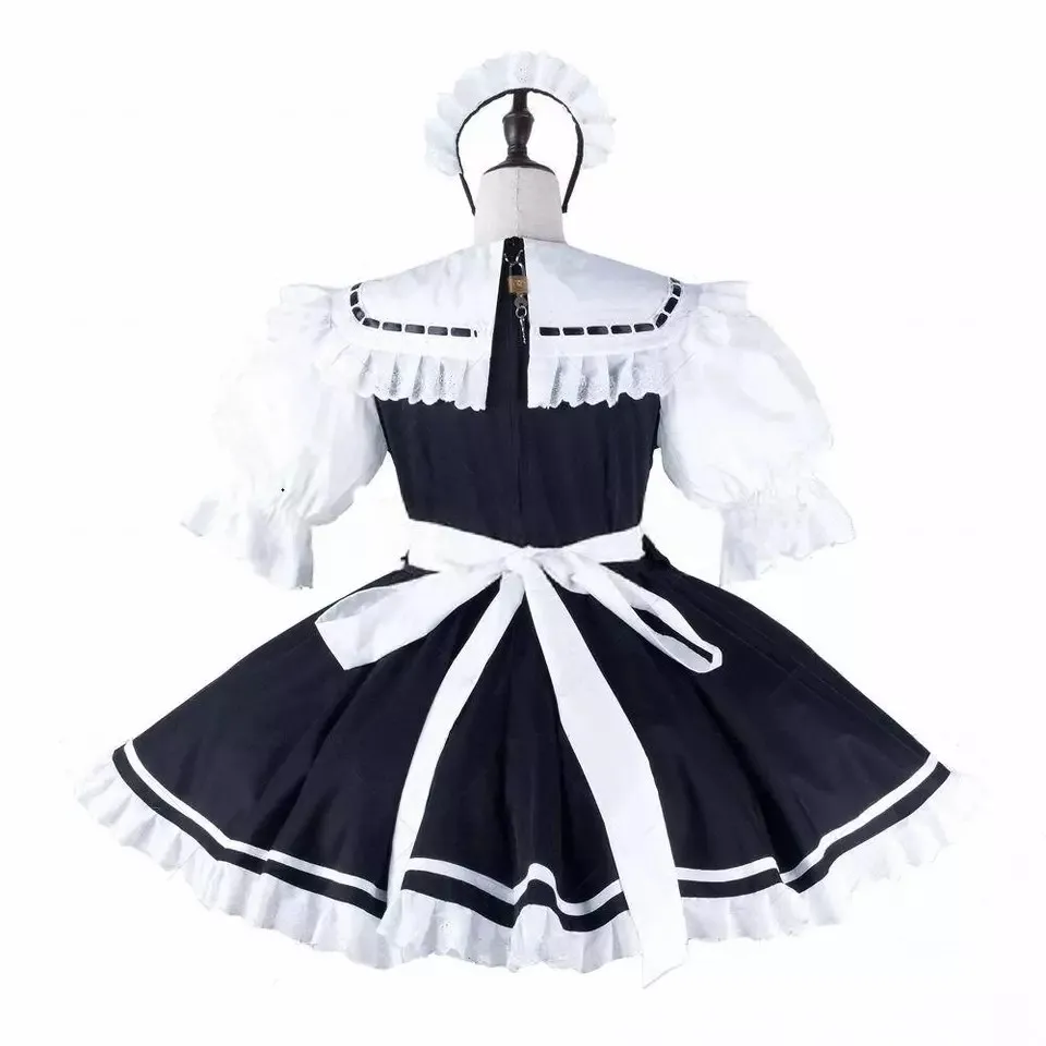 Sexy sissy French maid black and white satin lockable multi-layer lace dress maid cosplay costume customizable