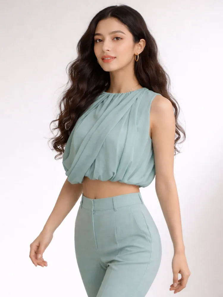 ONEXWEN Green Pleated Crop Top Women Halter Sleeveless Blouse Luxury Drape Design Summer Top High Quality Wear 2026 ZM5182