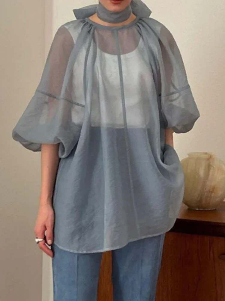 Gagarich Women Blouse Summer Japanese Style Transparent Puff Balloon Sunscreen Clothing Loose Thin Fashion Chiffon Shirt Female