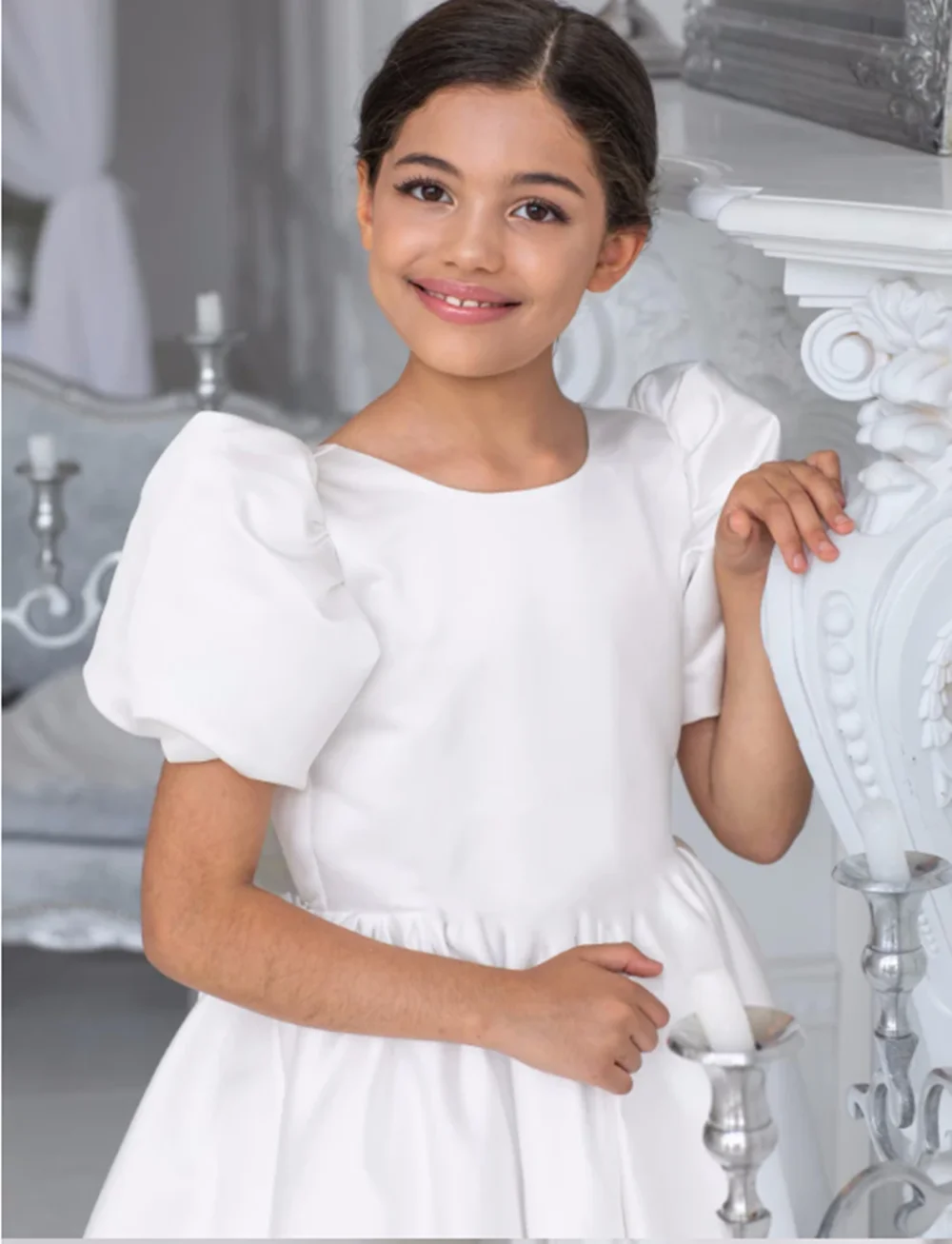 Vestidos da menina de flor para festa de casamento à noite crianças luxo princesa vestido de cetim branco manga longa ilusão rendas com arco vestidos