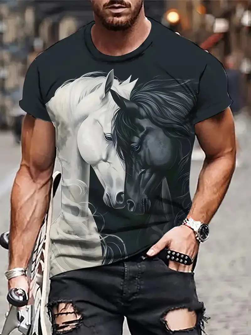 Black White Horse Graphic 3d Full Print T-shirt For Men Fashion Short Sleeve Crew Neck Tshirt Casual Summer Oversized Unisex Top