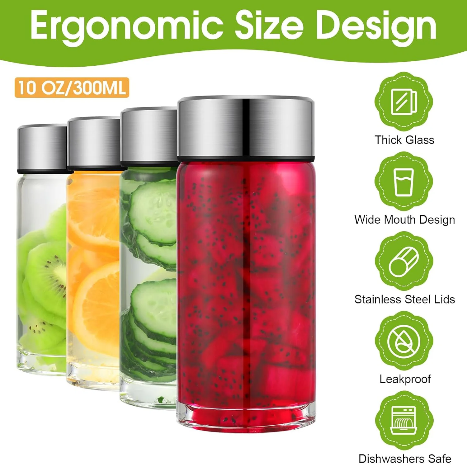 Wide Mouth Glass Water Bottles Juice Jars with Lids for Fridge Milk Smoothies Infused Water Beverage Kombucha Tea Drinking