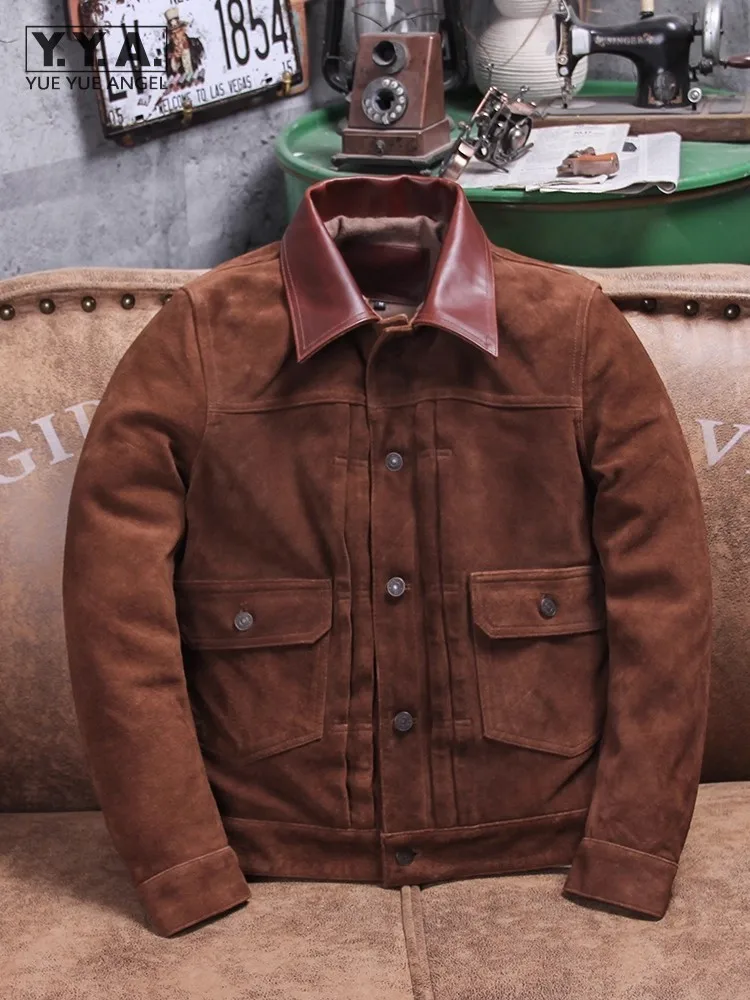 

Slim Fit Men Autumn Winter Genuine Leather Jacket Single Breasted Lapel Collar Vintage Suede Cowskin Motorcycle Short Coat