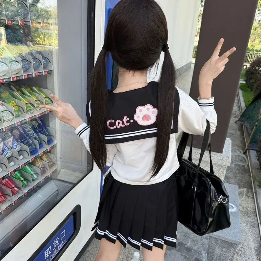 Set di abiti da marinaio carino giapponese e coreano, autentico uniforme da studente, stile college, modello gatto femminile, colore bianco e nero opzionale