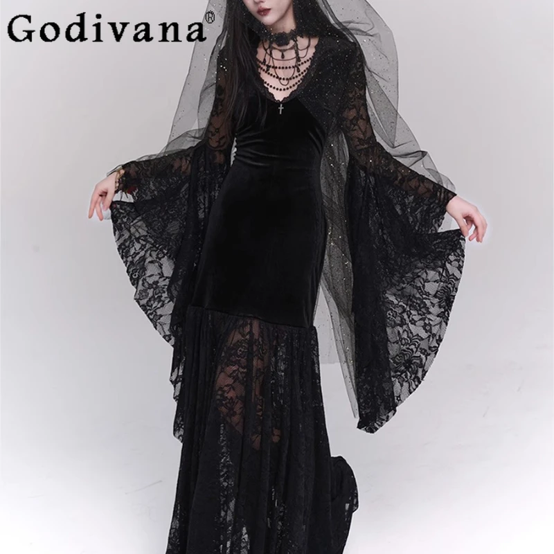 

Gothic Style Long Cosplay Dress for Women Black Halloween Party Cos Costume Dress Female Lace Flare Sleeve Christmas Dress