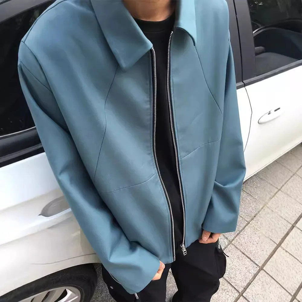 Short jacket for men in spring and autumn, with a sense of luxury. American high street front shoulder lapel blue jacket