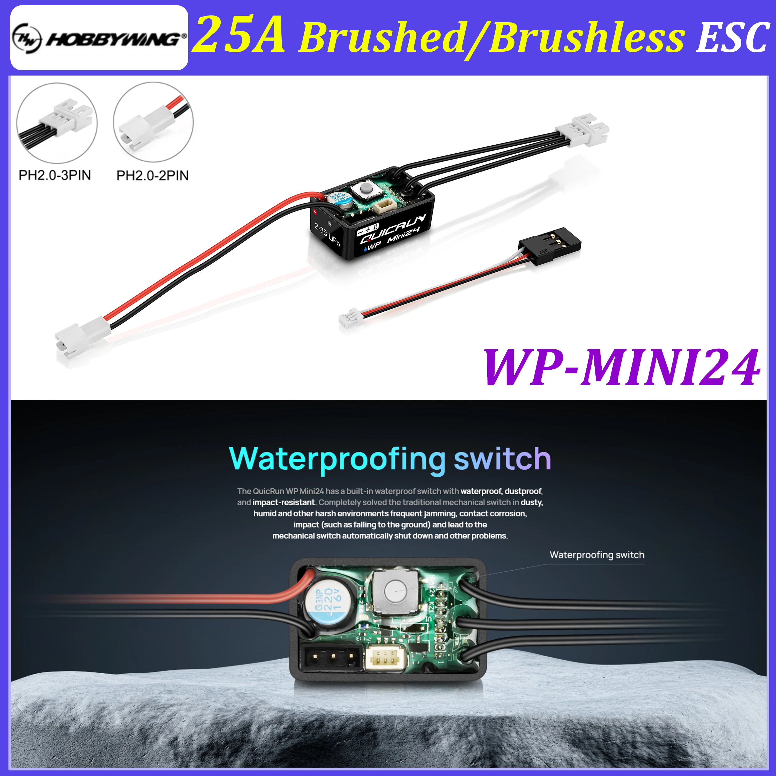

Hobbywing QUICRUN WP-MINI24 25A Бесколлекторный/щеточный водонепроницаемый регулятор скорости (ESC) с BEC 6В/7.4В для радиоуправляемых моделей 1/16, 1/18, 1/24, запчасти для краулеров