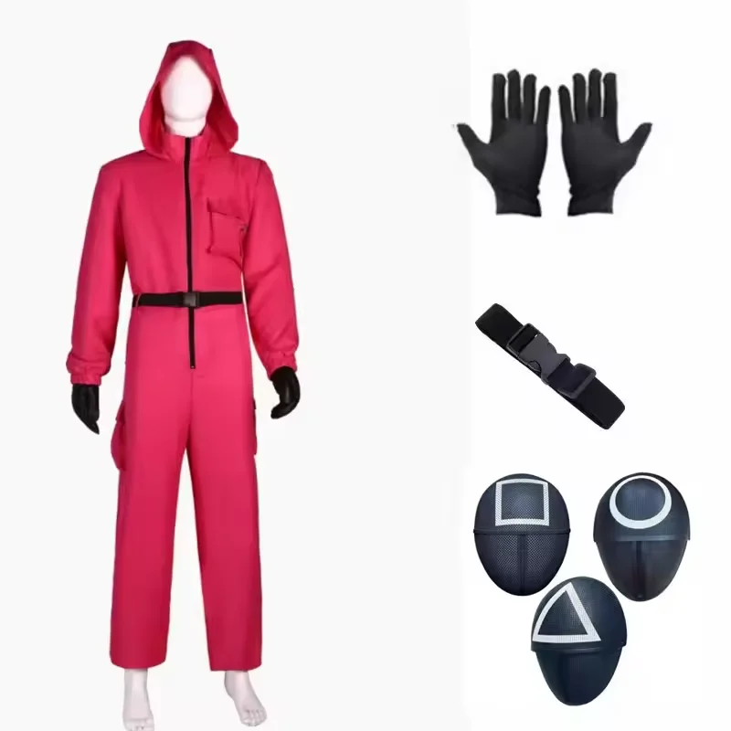 New Red Calamari Game Jumpsuit Cosplay Party Tracksuit Outfits Props Role Play Classic Costume From Korean TV Belt Full Mask Set