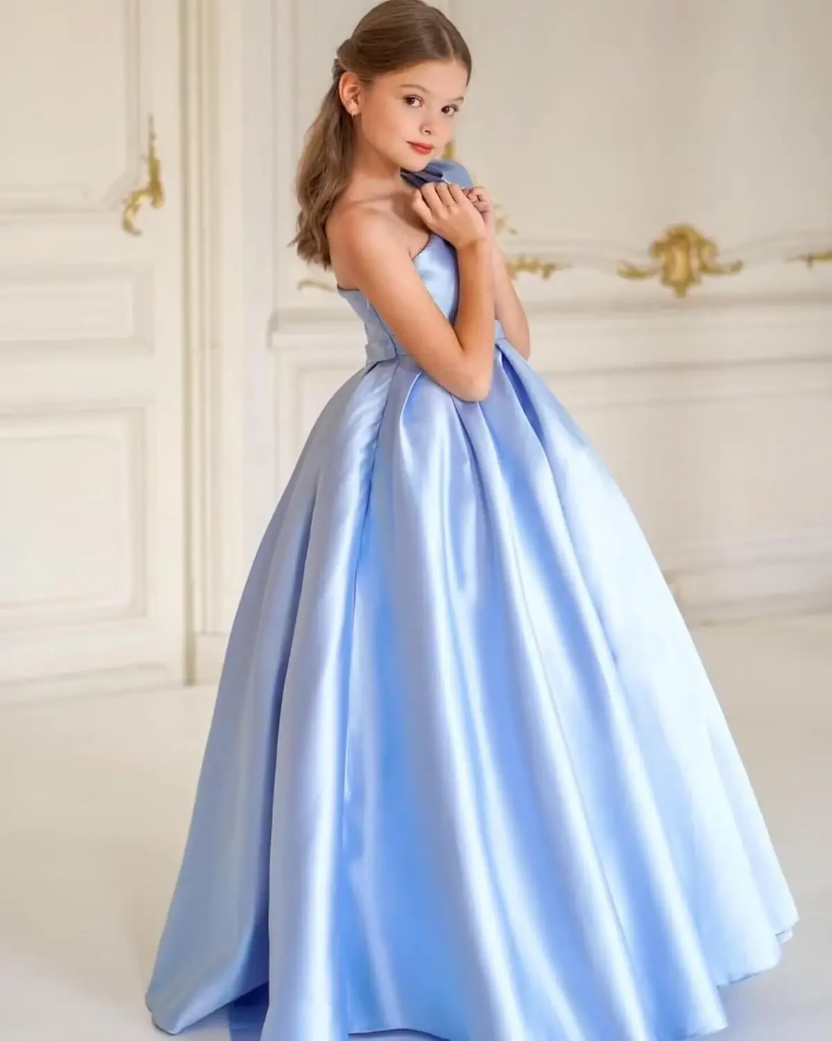 One Shoulder Satin Flower Girl Dresses Long Pageant Dresses for Girls Ball Gown with Bow princess dress  party dresses