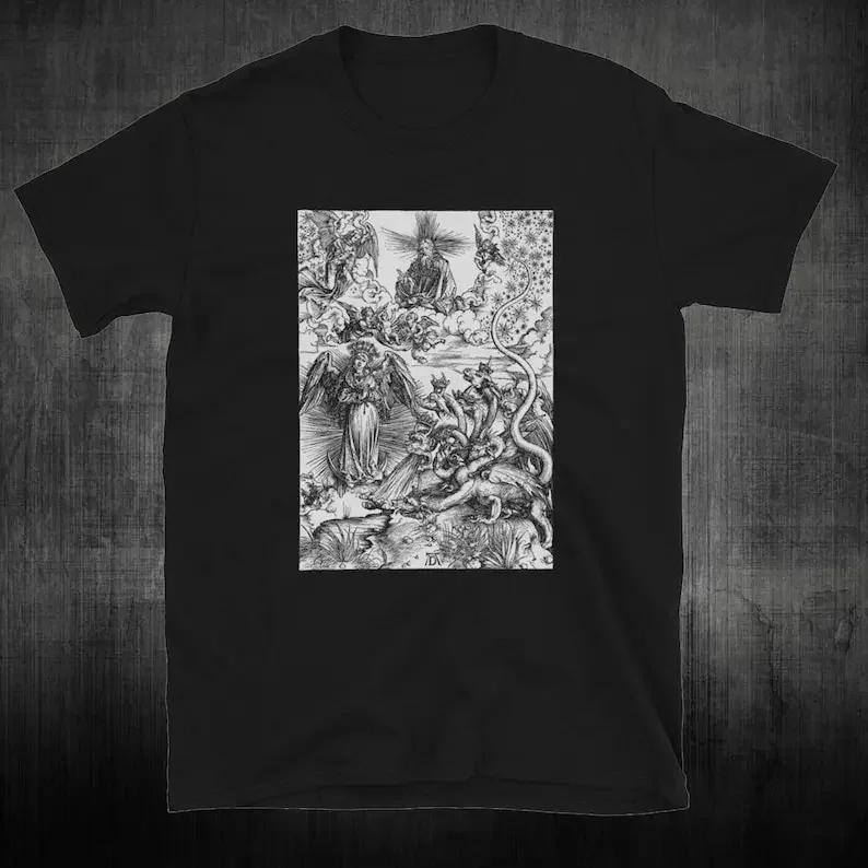 Apocalyptic woodcut shirt | Gothic, Goth, Occult, Cross, Skull, Satan, Hell, Paradise Lost, Gustave Dore, Albrecht Durer