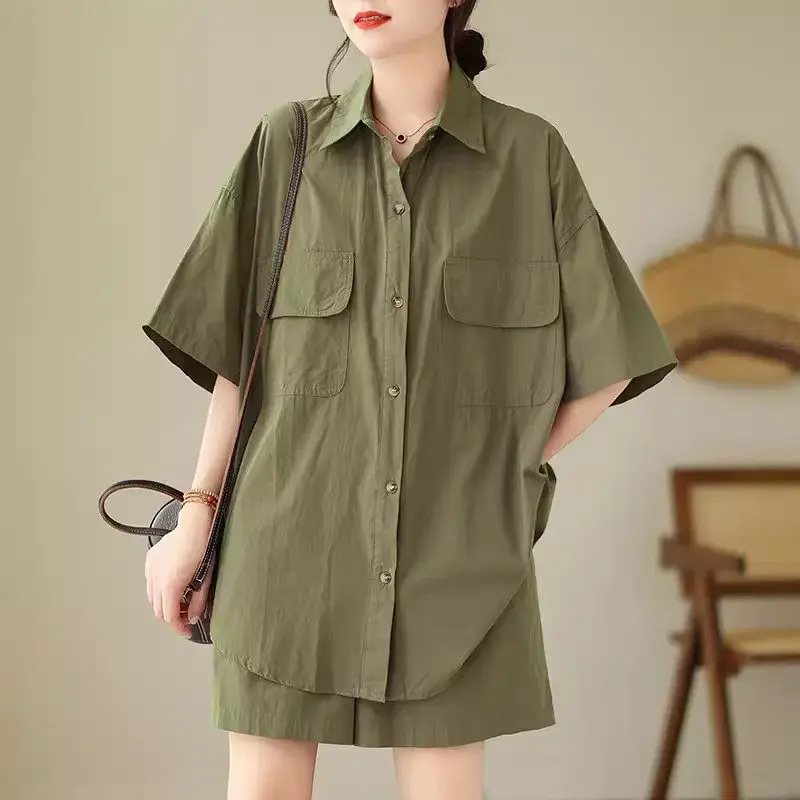 Fashion Casual Korean Style Two Piece Set For Women's Summer Solid Color Shirt Loose Wide Leg Shorts Large Size Tracksuit K1322