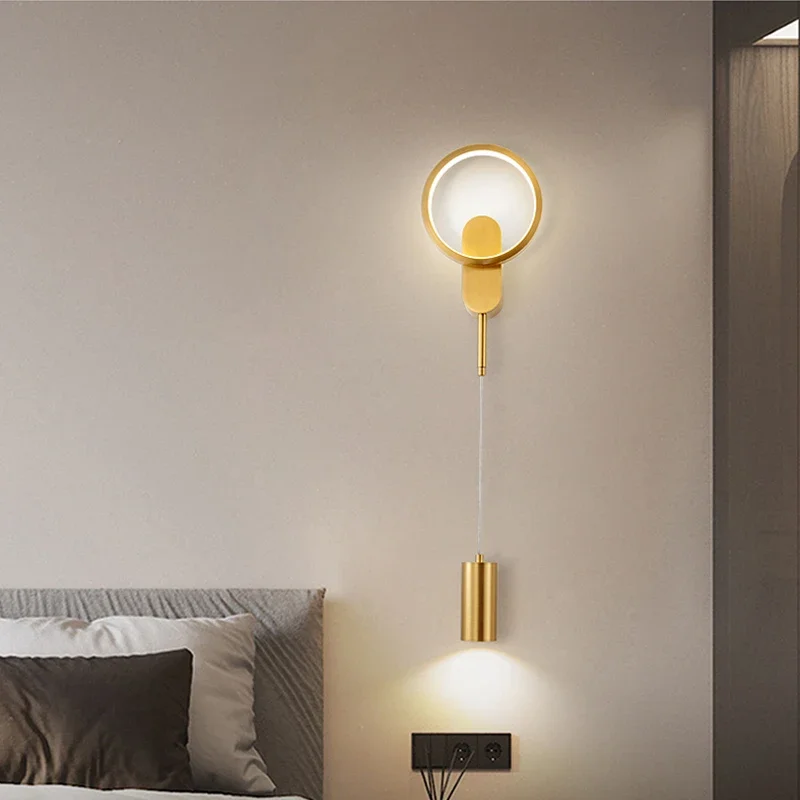 

FSS Modern Copper LED Wall Lamp For Living room Sofa TV Background Wall Bedroom Bedside With Spotlight Golden Simple Wall Lamp