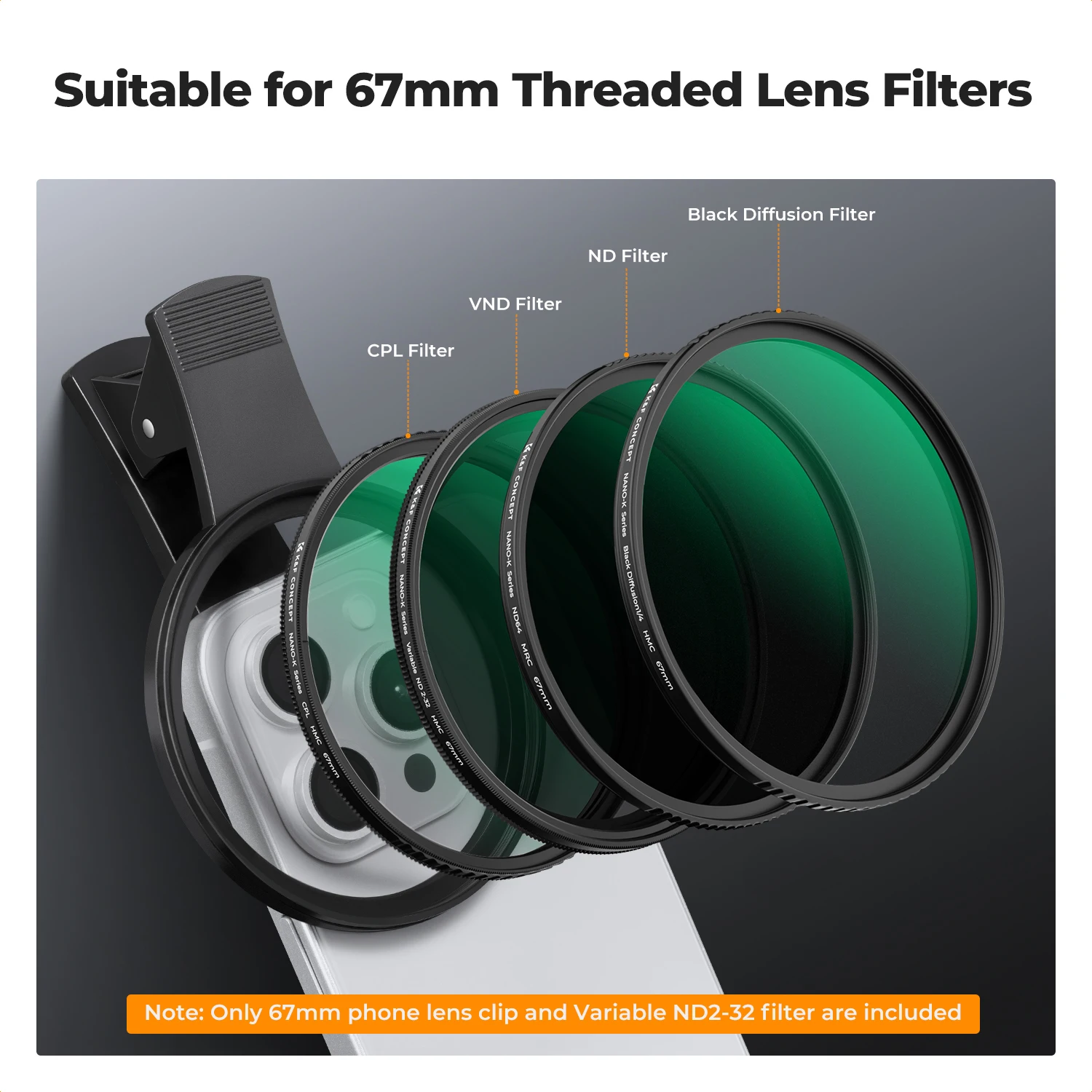 K&F Concept 67 мм Phone ND Filter ND2-32 CPL Filter 1/4 1/8 Black Pro Mist Filter Clip-on для iPhone Мобильный смартфон Камера