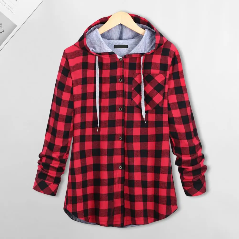 Autumn Coat Stylish Plaid Print Hooded Coat with Drawstring Chest Pocket Long Sleeve Cardigan for Women Office Wear for Autumn