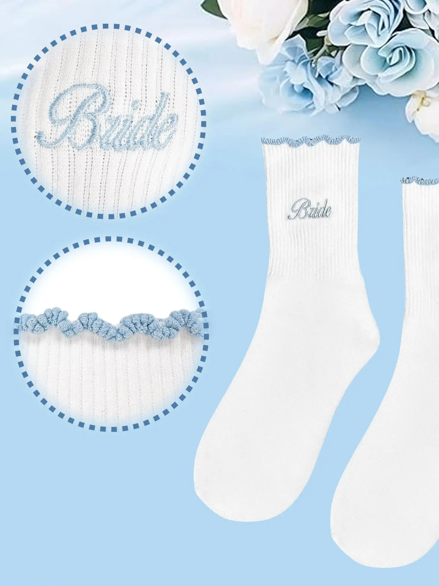 Chaussettes d'équipage bleu ciel brodées à volants pour femmes, cadeaux pour fête prénuptiale, fiançailles, mariage, accessoires pour séance Photo