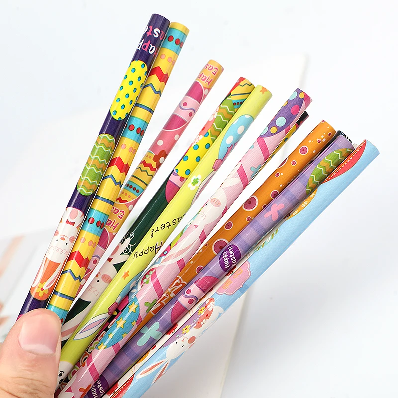 12Pcs Easter Cartoon Rabbit Eggs Pattern Pencils With Eraser Happy Easter HB Writing Pencils For Kids School Stationery Gifts