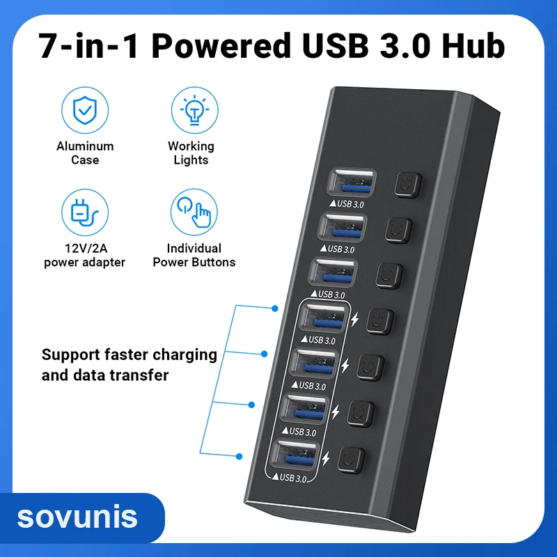 7-in-1 docking station, 7-Port splitter USB3.0 Hub, computer notebook docking station with independent switch, with power supply