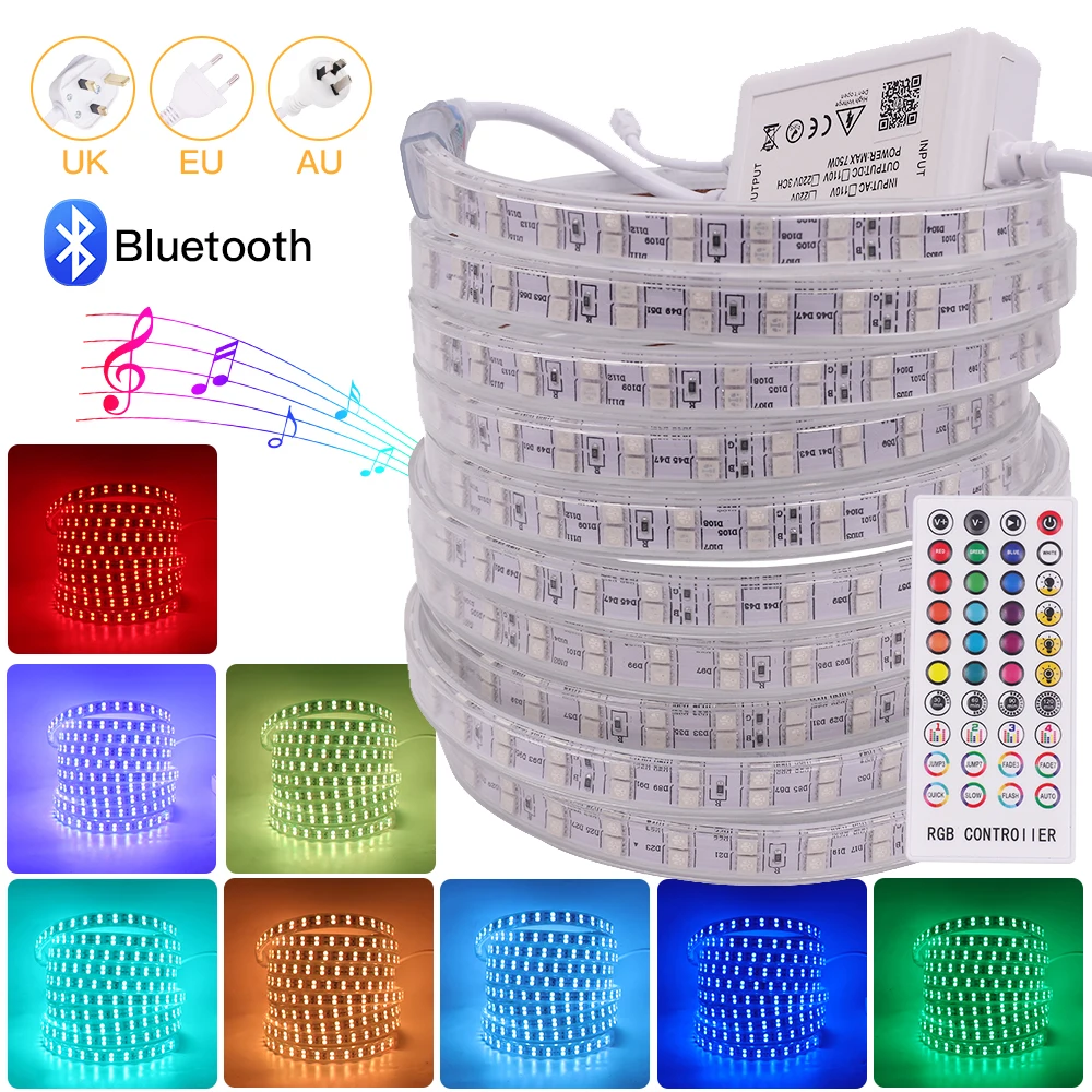 Double Row RGB LED Strip 220V Waterproof Bluetooth Control High Brightness SMD 5050 120 Leds/M Flexible Ribbon Rope