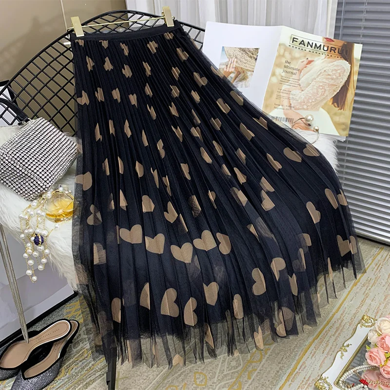 

High Waist Pleated Skirt Women Autumn Winter New Korean Love Mesh Print Skirt Vintage Long Pleated Yarn Woman Skirts Streetwear