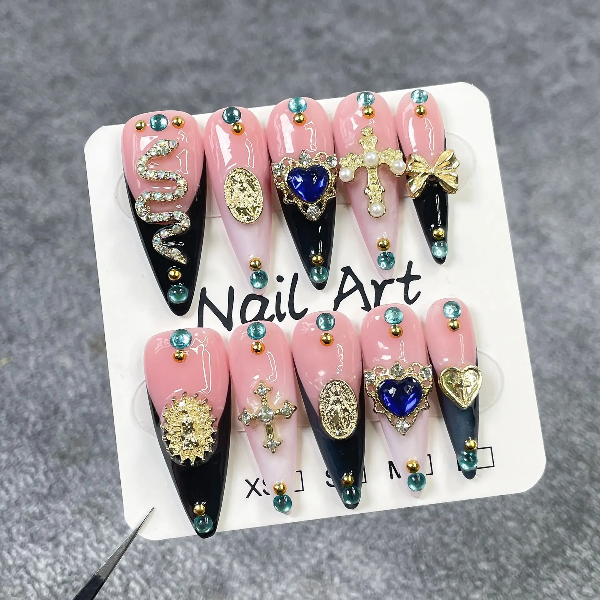 10 Uds. De puntas de uñas postizas hechas a mano de aguja larga, Metal de serpiente Vintage decorativo, especias francesas, uñas acrílicas, cobertura completa, prensa en las uñas