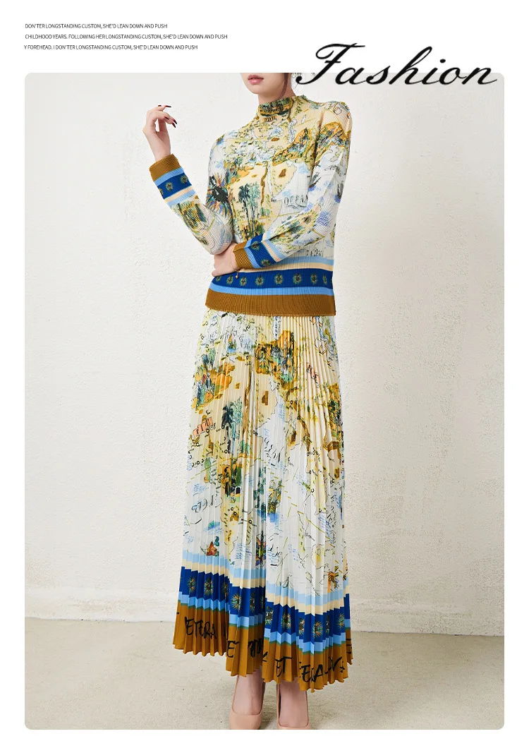 Retro floral print pleated two-piece maxi skirt set: pleated top + pleated skirt