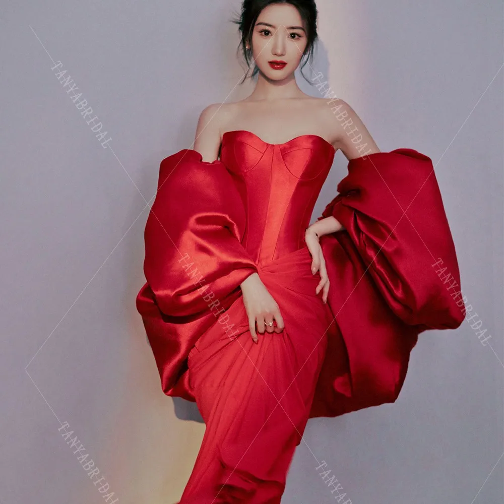 Detachable Satin Short Wedding Cape Fashion Red Puff Bolero Wrap With Sleeve Voluminous Removable Cape Evening Cape TSWD434