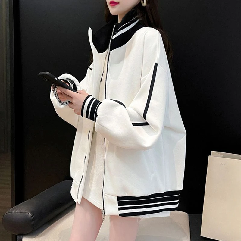 Female Clothes Black Sweatshirts for Women Full Zip Up Tops with Zipper Coat Striped Y2k Hoodie 2000s Long Sleeve Style Matching