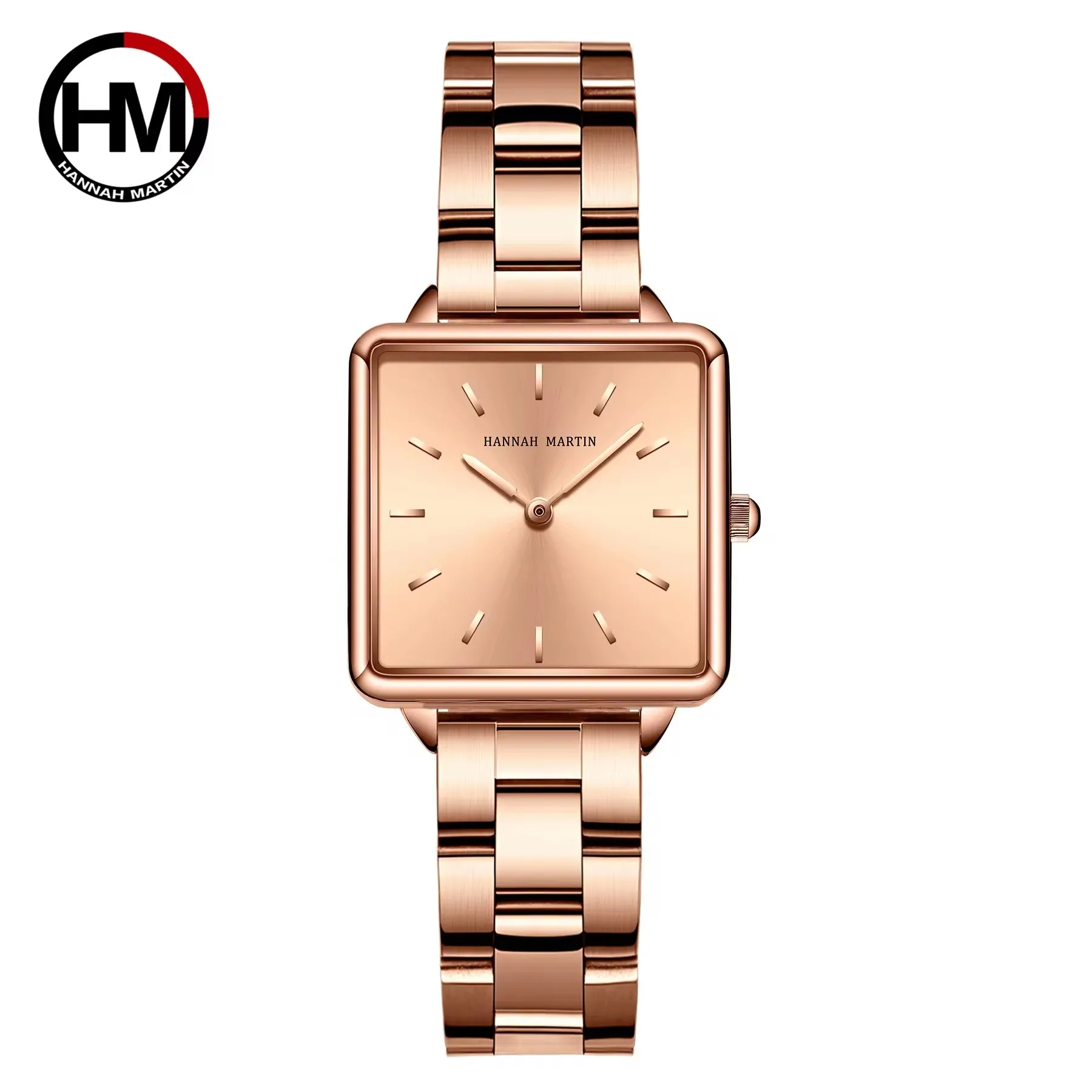 Hannah Martin New Full Solid Stainless Steel Square Dial Japan Movement Quartz Gift Rose Gold Ladies Top Brand Watches for Women